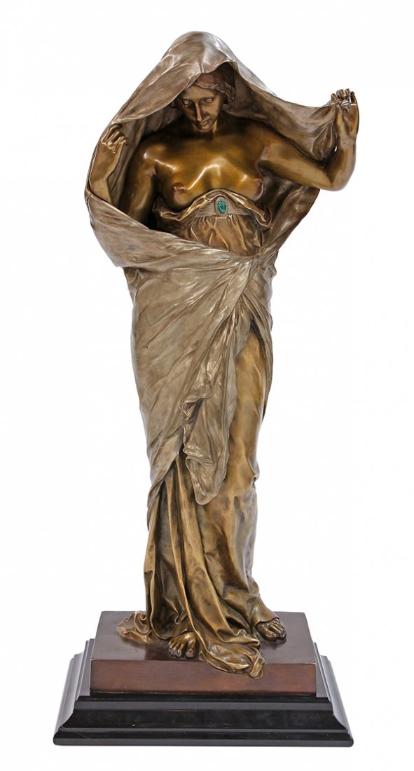Bronze, Louis Ernest Barrias: Louis Ernest Barrias (French, 1841-1905), "Nature Revealing Herself to Science," patinated bronze sculpture, signed lower right, foundry mark ''Susse Freres (Paris)'' lower left bottom, sculpture dime