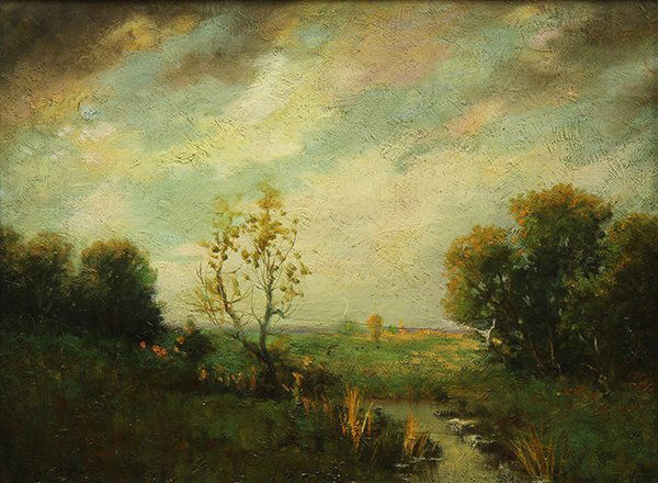 Painting, Arthur Hoeber: Arthur Hoeber (American, 1854-1915), "A Clearing," oil on canvas, signed lower left, signed and titled verso, canvas: 15"h x 20"w, overall (with frame): 22"h x 27"w. Provenance: Estate of Will Keith (