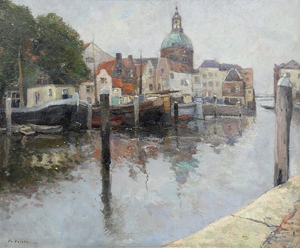 Painting by Adolphe Keller: Adolphe Keller (Belgian, 1880 - 1968), "View of Ostend," oil on canvas, signed lower left, canvas: 39"h x 47''w, overall (with frame): 50.75''h x 59''w