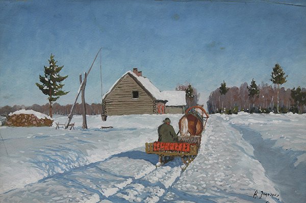 Gouache, Andrei Afanasierich Egorov: Andrei Afanasierich Egorov (Russian, 1878-1954), Heading Home, gouache, signed lower right, sight: 11.75"h x 17.75"w, overall (with frame): 20"h x 26.25"w