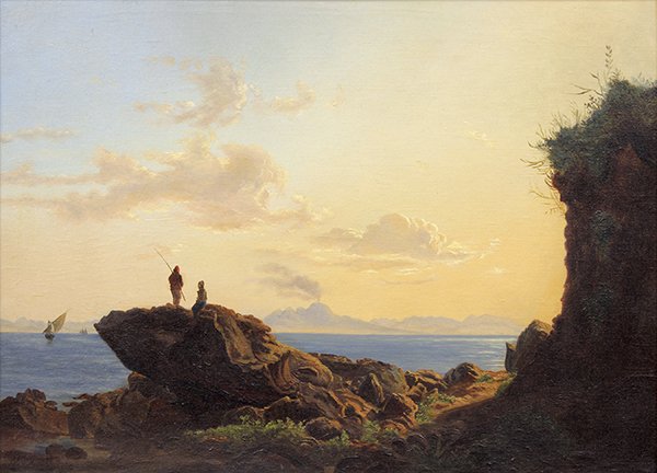 Painting, Lev Felixovich Lagorio: Lev Felixovich Lagorio (Russian, 1827-1905), Figures Gazing at the Sea, 1893, oil on canvas, signed and dated lower left, canvas: 17.25"h x 23.25"w, overall (with frame): 26.5"h x 32"w