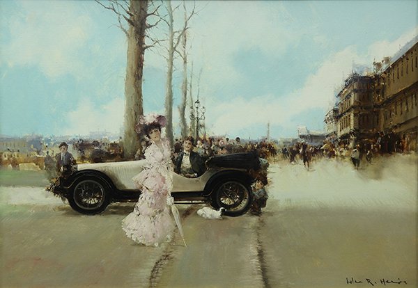 Painting, Jules Rene Herve: Jules Rene Herve (French, 1887-1981), Boulevard Scene with Girl and Automobile, oil on canvas, signed lower right, canvas: 19.75"h x 27.5"w, overall (with frame): 24.5"h x 32.25"w