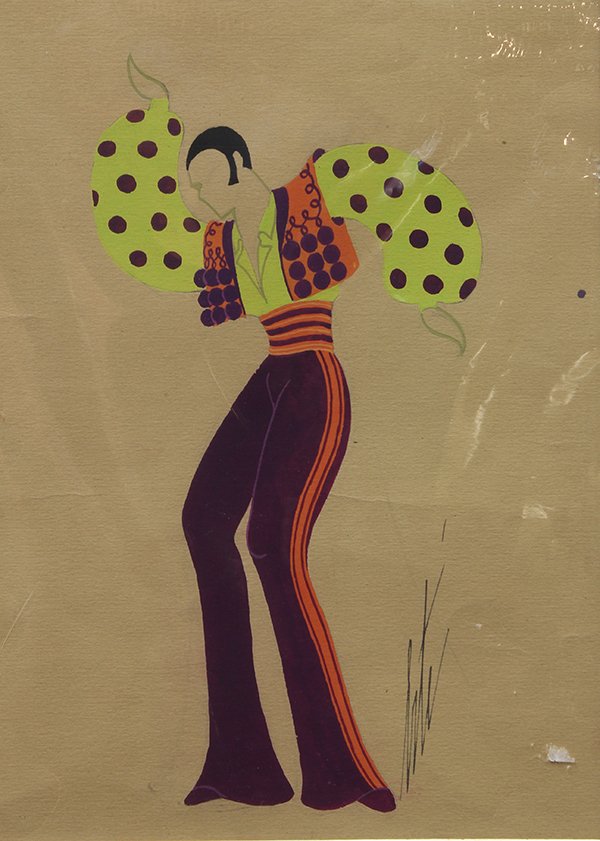 Set of 7, Erté gouaches: (lot of 7) Romain (Erté) De Tirtoff (French, 1892-1990), Various Costume Design Illustrations, gouaches, each signed, each with artist stamps verso, sheets: 15"h x 10.25"w, largest overall (five fram