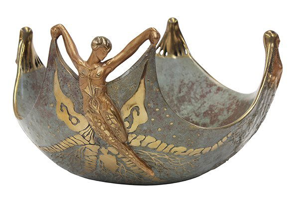 Bronze bowl, Erté, Ocean I: Romain (Erté) De Tirtoff (French, 1892-1990), "Ocean I," 1985, patinated bronze bowl, signed bottom, edition 129/250, copyright Conker F.A., overall: 6.25"h x 11.25"w x 10.75"d