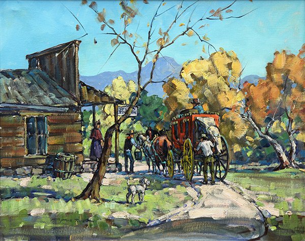 Painting by Marjorie Jane Reed: Marjorie Jane Reed (American, 1915-1996), ''Reeds Station on the Butterfield Trail,'' signed lower left, canvas: 24"h x 30"w, overall (with frame): 33.5''h x 39.75''w