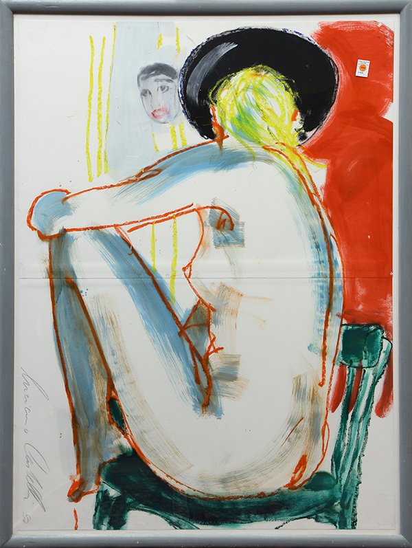 Work on paper by Luciano Castelli: Luciano Castelli (Swiss, b.1951), Seated Figure, 1987, watercolor and pastel on two sheets of paper, signed and dated lower left, sight: 54.75''h x 39.5''w, overall (with frame): 59''h x 43.5''w. Note
