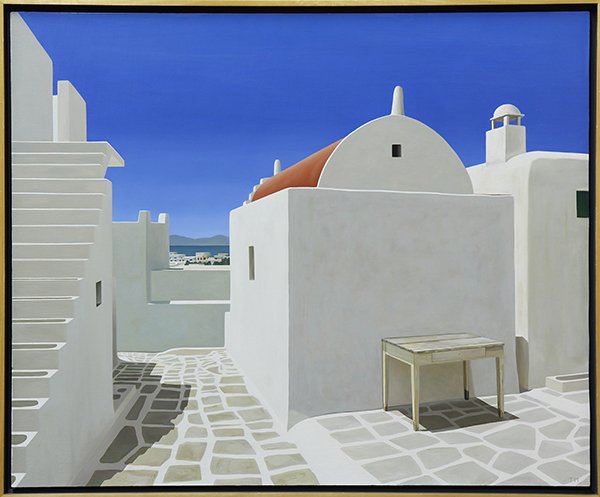 Painting by Tom McKinley: Tom McKinley (American, 1955), "Typical Cyclades," 1994, oil on board, initialed lower right, gallery title label affixed verso, board: 24.75"h x 30"w, overall (with frame): 26"h x 31.5"w. Provenance: