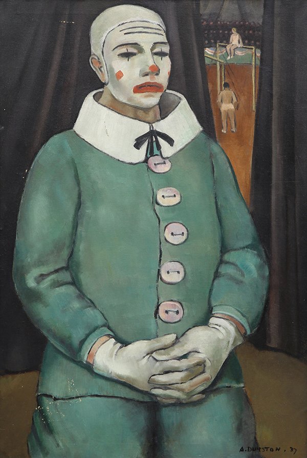 Painting by Arthur Durston: Arthur Durston (American, 1887-1938), ''The Clown,'' 1937, oil on canvas, signed and dated lower right, titled verso, museum exhibition label affixed verso, canvas: 45''h x 30''w, overall (with frame)