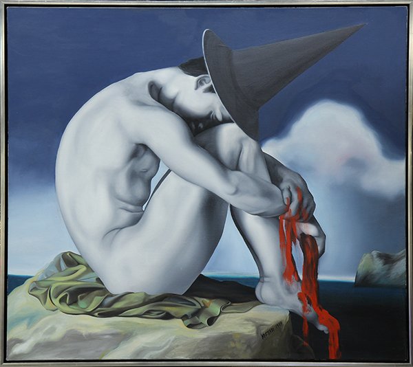 Painting by Mark Kostabi: Mark Kostabi (American, b. 1960), "Shame," 1989, oil on canvas, titled, signed and dated verso, canvas: 48"h x 54"w, overall (with frame): 50.25"h x 56"w