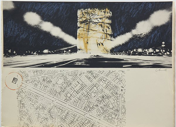 Print by Christo and Jeanne-Claude: Christo and Jeanne-Claude, Project for the Arc de Triomphe, Paris, lithograph in colors, 1970, signed and dated lower right, edition 5/300, overall (sheet): 19"h x 26"w. Reference: Schellmann/Beneeke,