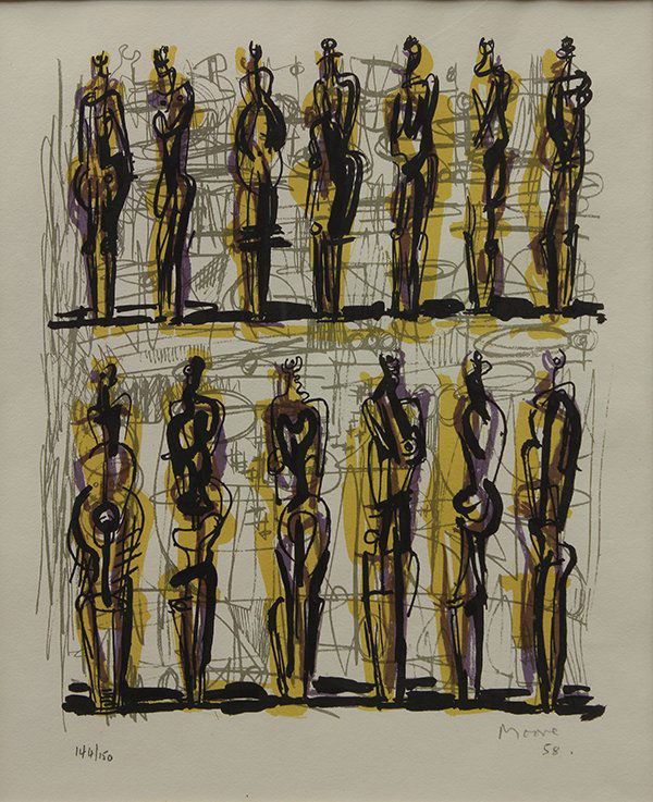 Print, Henry Moore, Thirteen Standing Figures: Henry Moore (British, 1898-1986), "Thirteen Standing Figures," 1958, lithograph in colors, pencil signed and dated lower right, edition 114/150, Lillian Heidenberg Gallery, NY, NY, label affixed verso