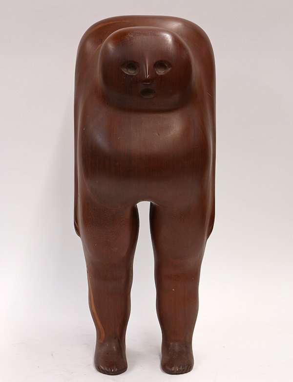 Wood sculpture, Gene Adams Logan: Gene Adams Logan (American, 1922-1999), "Standing Man," laminated redwood sculpture, signed and numbered ("18") on figure's bottom left foot, title label affixed verso, overall: 26.5"h x 10.5"w x 10.5