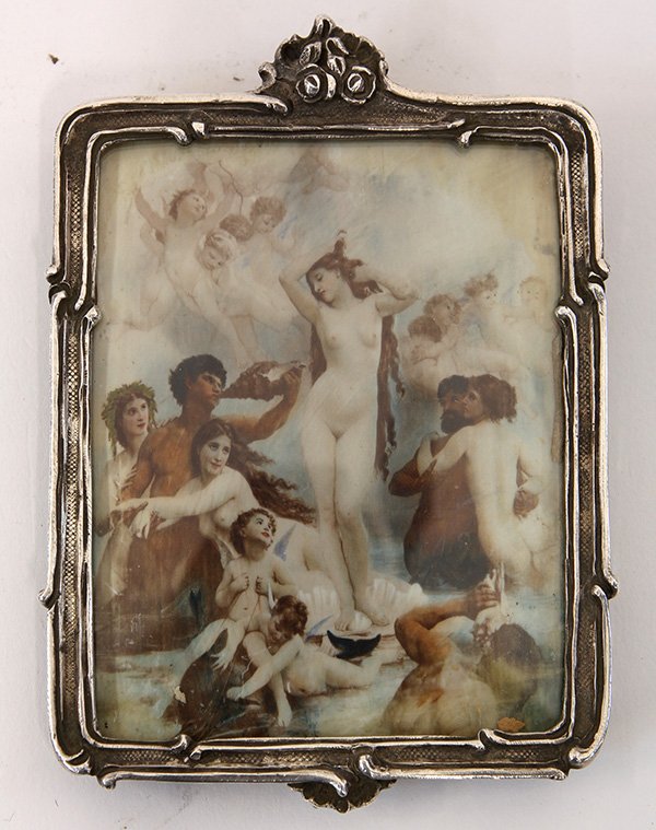 Miniature Attributed to William Adolphe Bouguereau,: Attributed to William Adolphe Bouguereau (French, 1825-1905) "Birth of Venus," miniature watercolor on celluloid, celluloid: 3.5"h x 2.5"w, overall (with silver frame): 4.25"h x 3"w