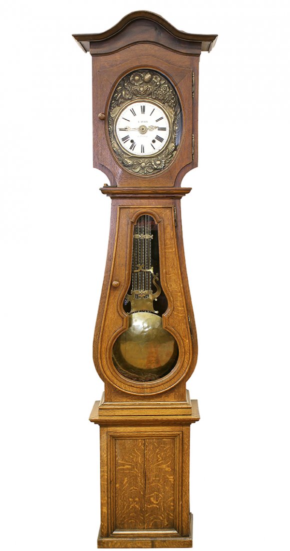 French morbier tall case clock: French morbier tall case clock, 19th century, executed in quartersawn oak, the repousse accented face having floral decoration, surrounding the enamel dial with Roman numerals, marked A. Aubin a Fecam