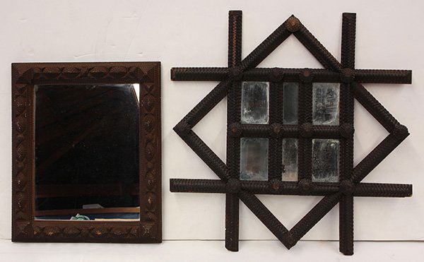 (lot of 2) Tramp art mirror group: (lot of 2) Tramp art mirror group, each executed in mahogany cigar box lids circa 1910, one having geometric accents flanking the six segment looking glass, of pyramid form with roundels flanking the
