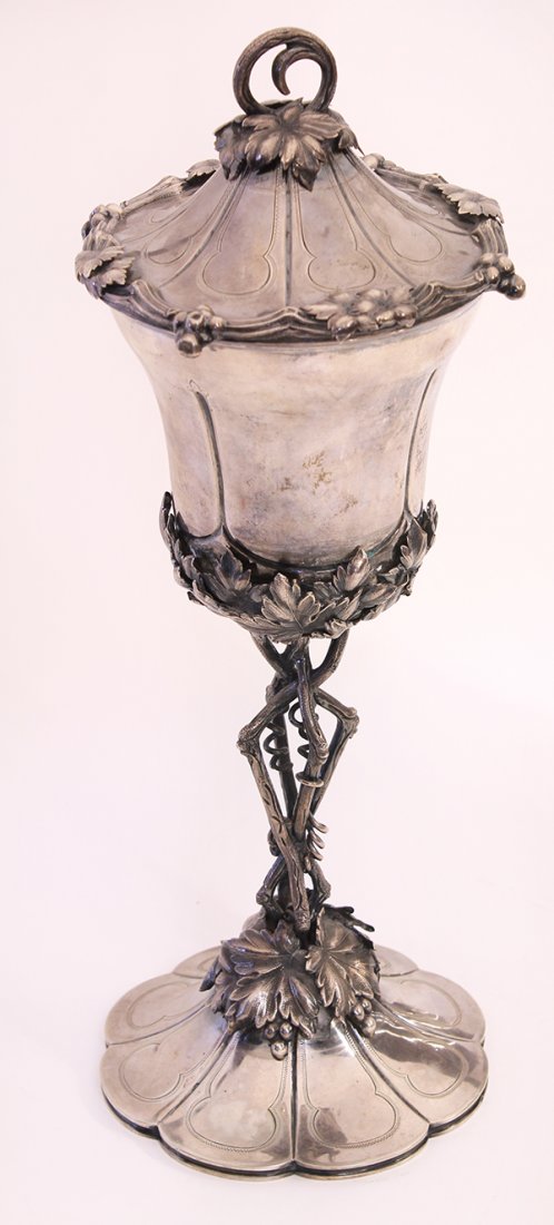 19th century Continental silver naturalistic covered: Continental silver naturalistic covered chalice, 19th century, the flared bowl resting on entwined branches set between sculpted overlapping oak leaves, and ending to a stylized petal base, 12.5"h, 13