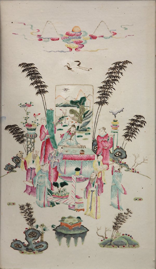 Chinese Porcelain Plaque, Scholar/Qin: Chinese polychrome porcelain plaque, late Qing/early Republic period, framed as a hanging panel, depicted with a scholar official seated in front of a landscape screen and playing a qin, in the compan