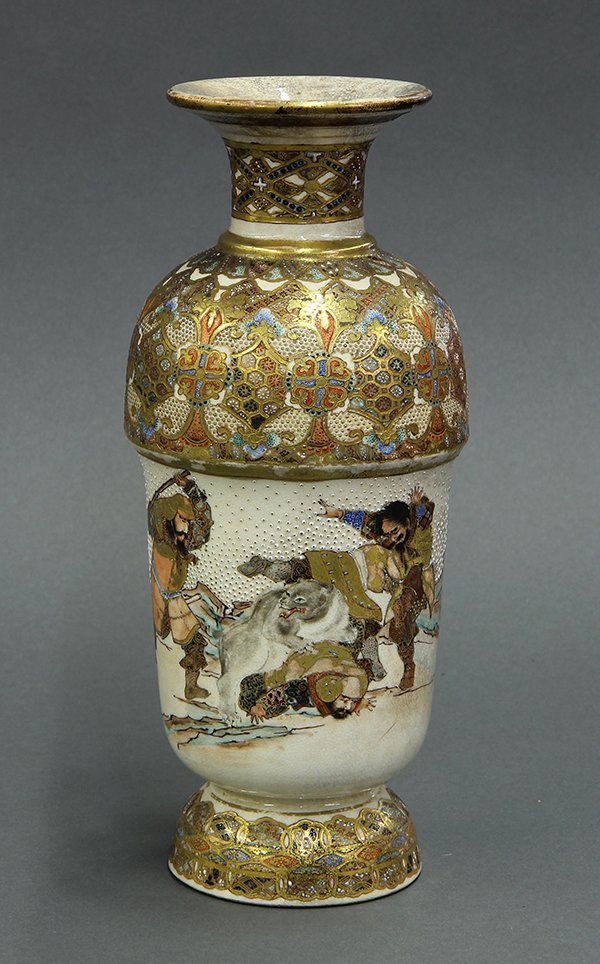 Japanese Satsuma Vase: Japanese Satsuma earthenware vase, short trumpet mouth above rouleau body, depicting five men fighting a bear, approx. 10"h