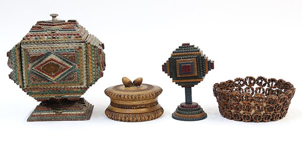 Tramp art vessels: (lot of 4) Tramp Art vessels, 19th century, including lidded boxes, and a bowl, having highly intricate and geometric carved details, largest: 9"h