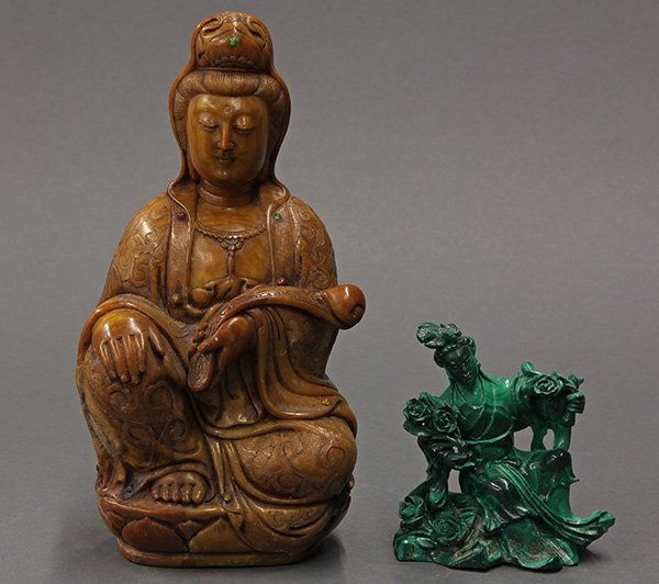 Chinese Soapstone and Malachite Figures: (lot of 2) Chinese soapstone and malachite figures, one Guanyin figure in royal ease, with ruyi in the right hand; the malachite celestial lady accented by flowers, largest: 8.25"h