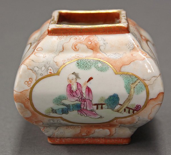 Chinese Enamel Porcelain Brush Washer: Chinese enamel porcelain brush washer, the square formed body with figures and lotus in reserve panels, the bottom with apocryphal Qianlong mark, 3"w