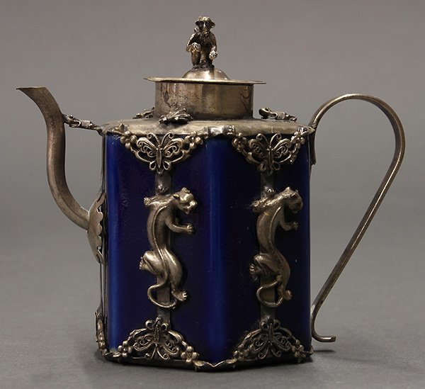 Chinese Tea Pot: Chinese porcelain and metal tea pot, the blue glaze porcelain body decorated with metal chilong, with frogs on the shoulder and a monkey on the lid, the bottom with Guangxu mark, 4.25"h