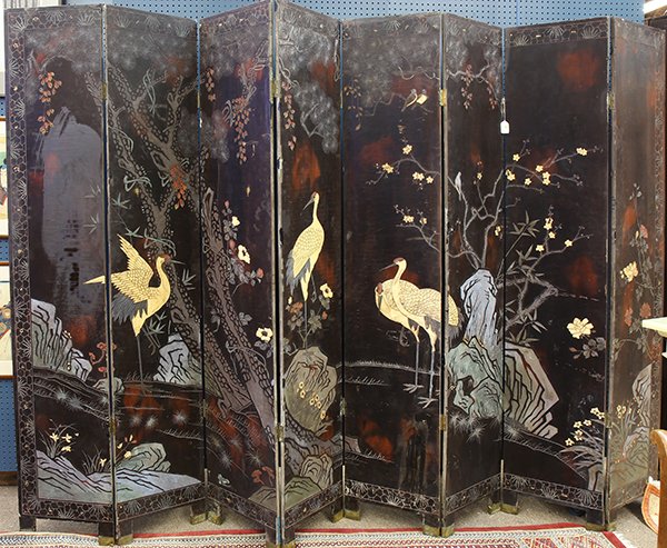 Chinese Coromandel-style Screen, Cranes/Immortals: Chinese Coromandel-style eight panel lacquer screens, one side featuring cranes and pines, the other side of immortals in a garden terrace, panel: 84.25"h x 15.75"w