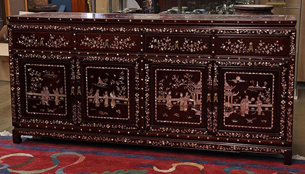 Chinese Mother-of-Pearl Sideboard: Chinese mother-of-pearl sideboard, with a row of four drawers, above two pairs of hinged double doors, decorated with figures in reserve and accented by floral bands, 34"h ×72"w ×20"d