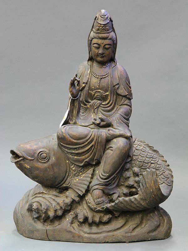 Japanese Carved Wooden Kannon (Guanyin): Japanese carved wooden Kannon (Guanyin), holding an amphora sitting on a large carp, 14.5"h
