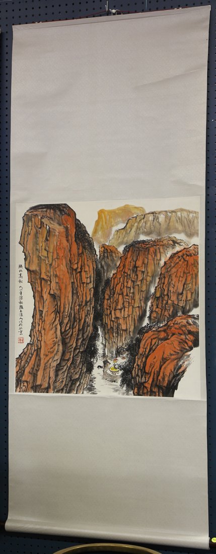 Chinese Painting Scrolls: ( lot of 3) Chinese scroll paintings; two attributed to Zhou Wanfeng (Chinese, 1963-), one 'Morning Glory', the other 'Autumn in Shanbei', ink and color on paper; together with a scroll painting, pain