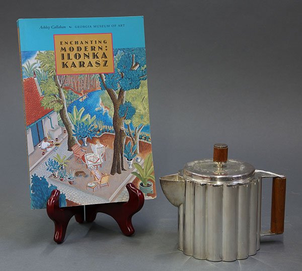 (lot of 2) Japanese silver plate teapot by Ilonka: (lot of 2) Japanese silver plate teapot by Ilonka Karasz, together with a book: Enchanting Modern: Ilonka Karasz by Ashley Callahan