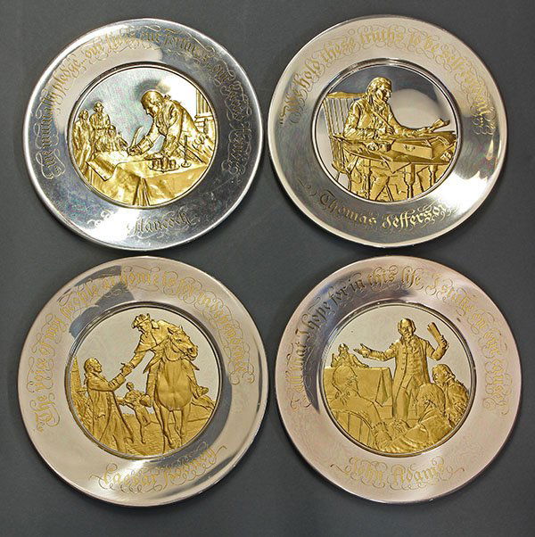 (lot of 4) The Franklin Mint Bicentennial Commemorative: (lot of 4) The Franklin Mint Bicentennial Commemorative plates, 1973-1976, featuring Thomas Jefferson, John Adams, Casear Rodney, and John Hancock, each executed in solid sterling silver inlaid and el