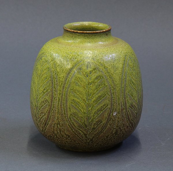 Gerd Bogelund (1923-1987) vase for Royal Copenhagen: Gerd Bogelund (1923-1987) vase for Royal Copenhagen, Denmark, circa 1969, executed in stoneware, of squat jar form with a flared rim, having a stylized leaf design impressed around the circumference a