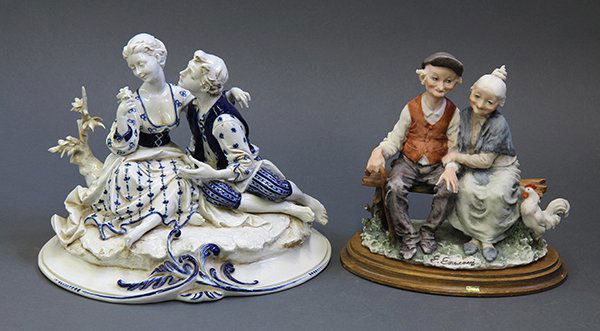 (lot of 2) Italian figural groups: (lot of 2) Italian figural groups, consisting of a Capodimonte figure of lovers in a pastoral setting, the man looks on while the lady smells roses, the whole resting on an oval base marked 'B Mereli,