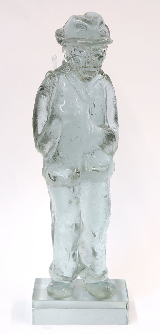 Loredano Rosin (Italy 1936-1991) art glass sculpture,: Loredano Rosin (Italy 1936-1991) art glass sculpture, executed in clear and satin glass, depicting a man wearing a fedora, the whole resting on a square plinth, signed 'L. Rosin,' 19"h x 6.5"w x 4.5"d