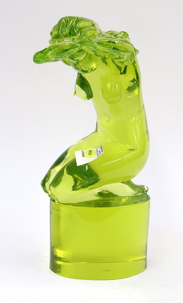Loredano Rosin (Italy 1936-1991) female nude, executed: Loredano Rosin (Italy 1936-1991) female nude, executed in citron colored glass, depicting a woman sitting on her heels with her head resting on her bent arms, and hair flowing down her back, the whole