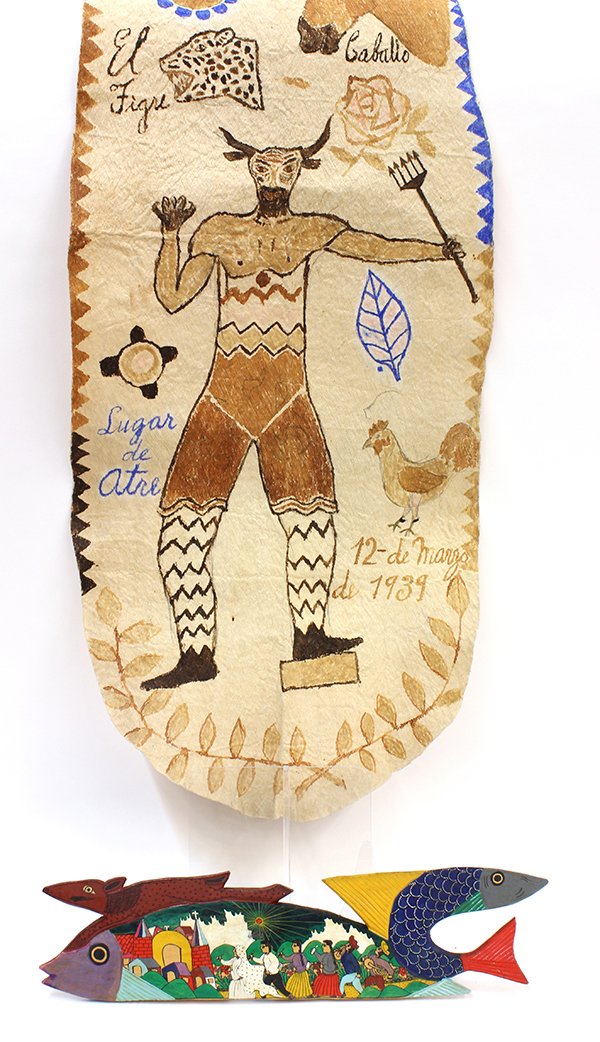 International folk art: (lot of 13) International folk art including a Mexican painted bark cloth panel; Native American beaded doll; Turkana, Kenya fertility doll; and an indegenous style rattle