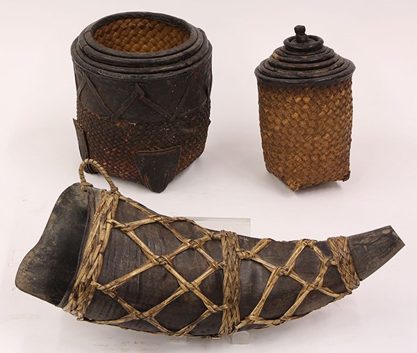 (lot of 3) Two Lobi, Ivory Coast woven nesting wedding: (lot of 3) Two Lobi, Ivory Coast woven nesting wedding baskets, together with a Cameroon ceramic wall pocket. Provenance: From the estate of Edward Gerber