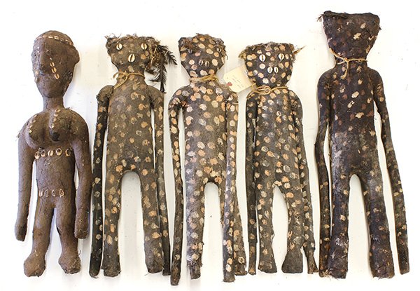 (lot of 5) West African decorative shrine figures, the: (lot of 5) West African decorative shrine figures, the standing figures executed in the Senufo style with burlap and pigment over wooden armatures, called Kafigeledjo, from the Cote d'Ivoire, largest,