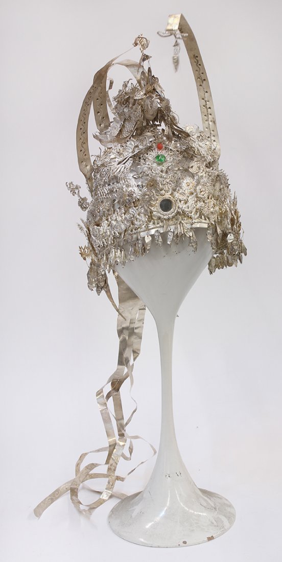 Hill Tribes/Miao (Chinese Minority) ceremonial: Hill Tribes/Miao (Chinese Minority) ceremonial head-dress, the pierced crown surmounted by a Phoenix, writhing dragons, and deities on zoomorphic mounts. Provenance: From the estate of Edward Gerber