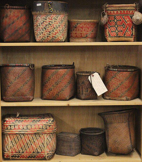 (lot of 12) Dayak of Kalimantan, Indonesia, circa: (lot of 12) Dayak of Kalimantan, Indonesia, circa 1960s-70s, fiber baskets, most with open round tops, and most polychrome with red having abstract designs, both for their use and for sale, largest: 1