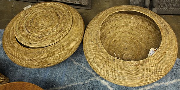 (lot of 4) Indonesian coiled storage baskets, three: (lot of 4) Indonesian coiled storage baskets, three with lids, possibly from central Lombok, of squat round form, largest: 11"h x 30"diam. Provenance: Property sold to benefit the Phoebe A. Hearst Mus