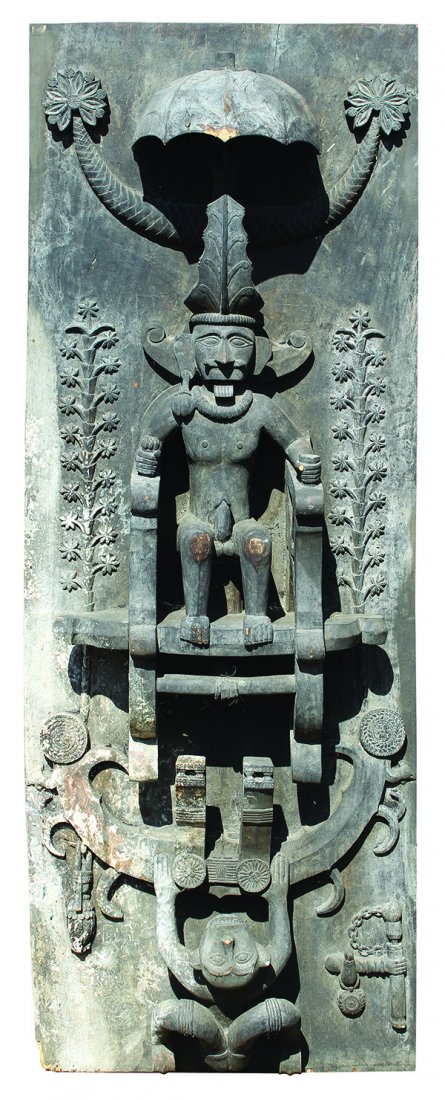 Southeast Asian carved wood door: Southeast Asian carved wood door, the heavy decorative plank featuring a pronounced prominant male figure having defined physial features, and depicted sitting under an umbrella with a monkey below, 6