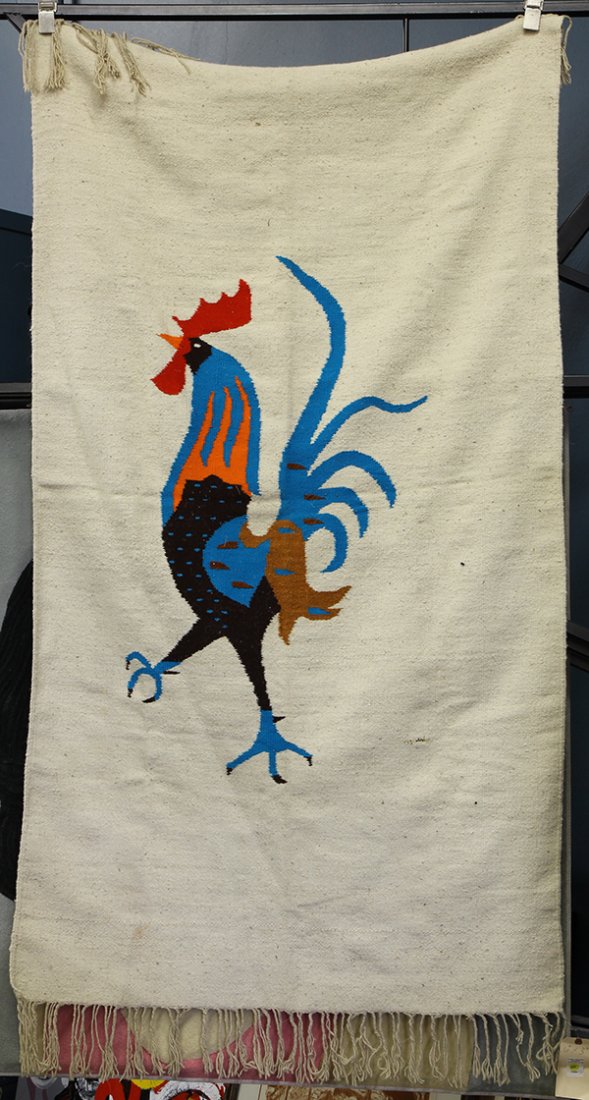 Mid Century flatweave carpet, depicting a rooster, 6'6': Mid Century flatweave carpet, depicting a rooster, 6'6' x 3'7". Provenance: From the estate of Edward Gerber