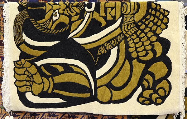 Nepalese pictoral carpet, depicting a Lion King, 5'11": Nepalese pictoral carpet, depicting a Lion King, 5'11" x 4'7". Provenance: From the estate of Edward Gerber