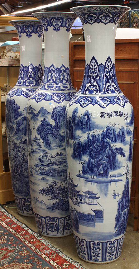 (lot of 3) Chinese underglaze blue massive porcelain: (lot of 3) Chinese underglaze blue massive porcelain floor vases, 'ling cui heng yun' followed by cylical date bingzi, each 6'