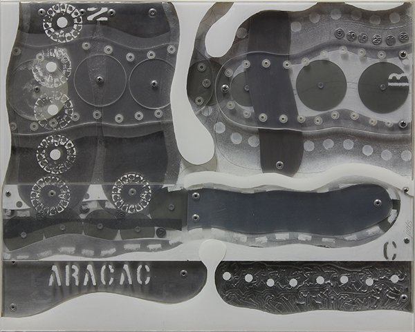 Metal wall relief by Harold Jacobs: Harold Jacobs (American, b.1932), "Aracac," mixed media wall relief, signed and titled verso, overall: 16.5''h x 20.25''w x 1.5''d