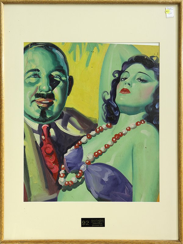 Painting by Irving Sinclair: Irving Sinclair (American, 1895-1969), "Island of Lost Souls, Charles Laughton and Kathleen Burke," (1933), oil on board (vintage movie illustration), sight: 27"h x 23"w, overall (with frame): 41.25''