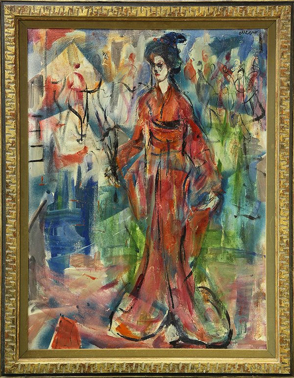 Painting by Pascal Cucaro: Pascal Cucaro (American, 1915-2004), Femme Japonaise, oil on canvas, signed upper left, overall (with frame): 46.5''h x 36.5''w
