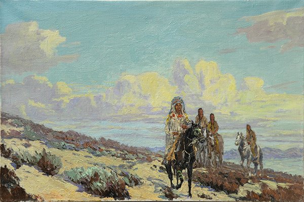 Painting, American School (20th century): American School (20th century), Chief on Horseback Leading His Tribe, acrylic on canvas, canvas (unframed): 20"h x 30"w